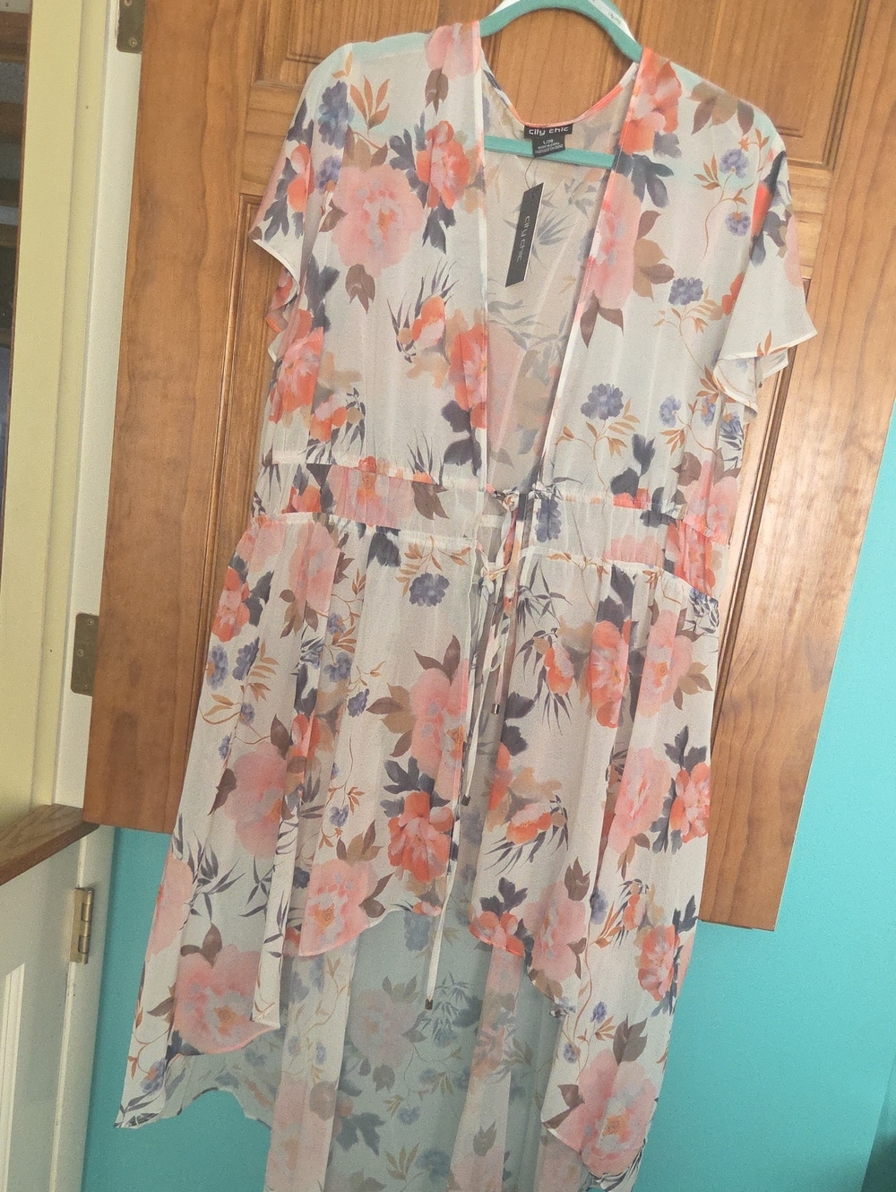 City Chic Sheer Floral Duster in Peach, Blue & Cream